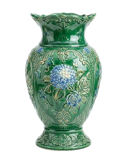 Green Ceramic Vase with Floral Relief