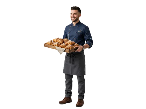 Male Baker Holding Tray of Croissants