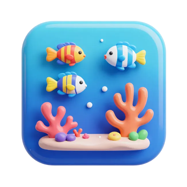 3D Aquarium Icon with Fish and Coral