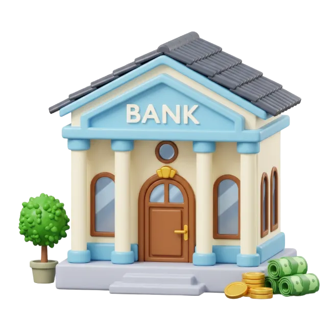 3D Bank Building Illustration with Money and Tree
