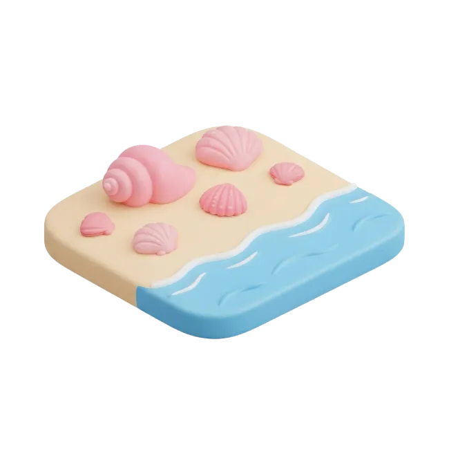 3D Beach Diorama with Pink Seashells and Ocean Waves
