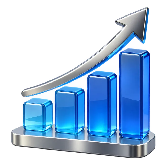 3D Blue Bar Chart with Rising Silver Growth Arrow