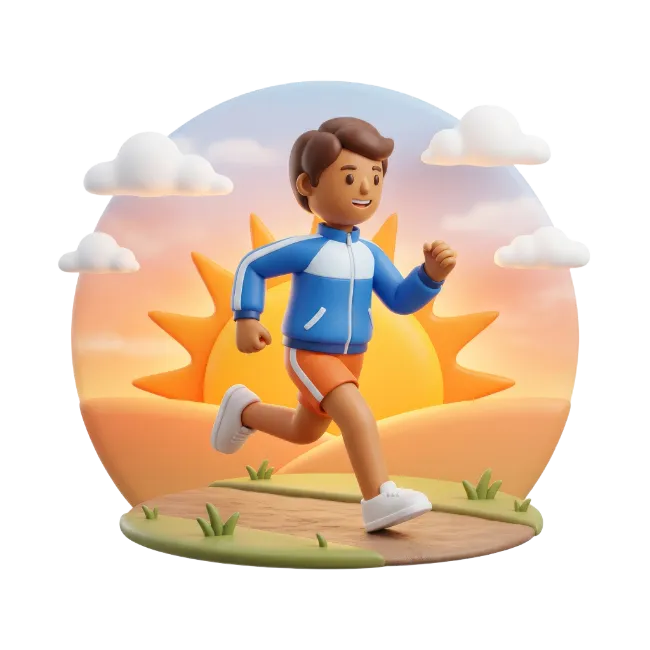 3D Boy Running in Park at Sunrise