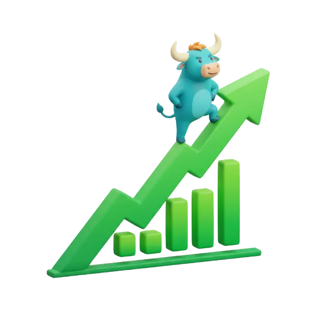 3D Bull Standing on Rising Green Chart Arrow