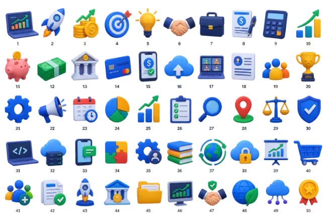 3D Business and Finance Icons Set with Charts and Money