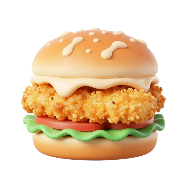 3D Crispy Chicken Burger with Lettuce and Tomato