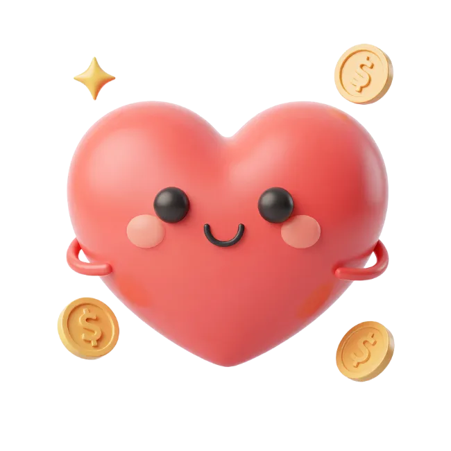 3D Cute Red Heart Character with Golden Coins