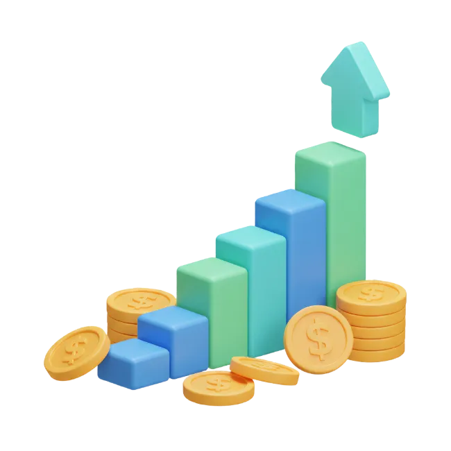 3D Financial Growth Chart with Coins and Arrow