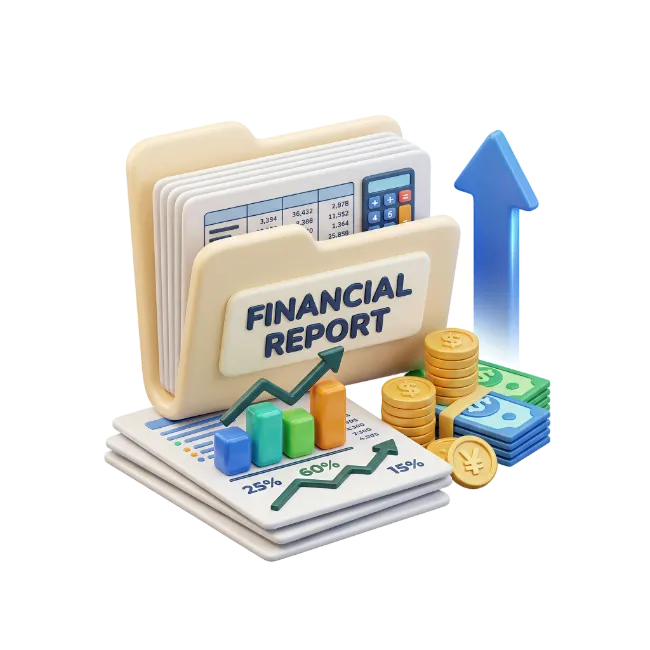 3D Financial Report Folder With Money and Charts