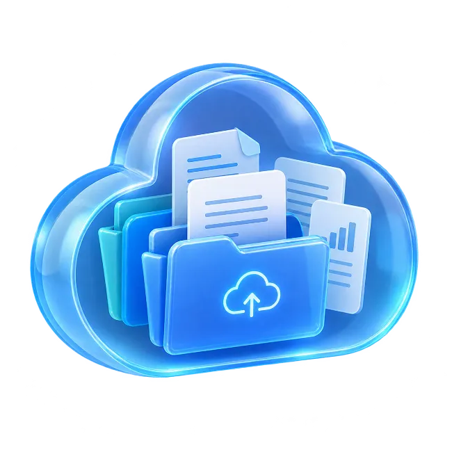 3D Glossy Blue Cloud Storage Icon with File Folders
