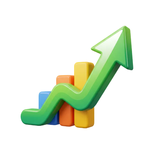 3D Growth Chart with Upward Green Arrow