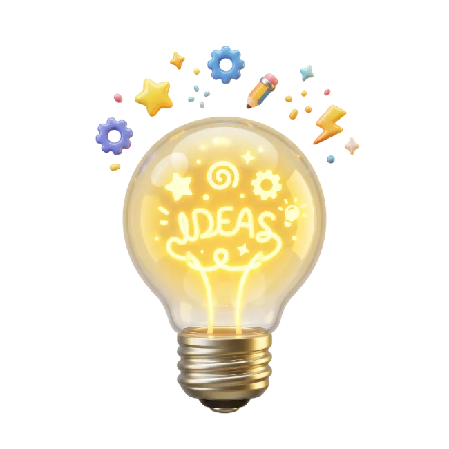 3D Lightbulb With Ideas Text And Floating Icons