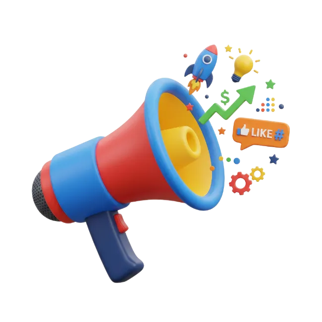 3D Megaphone with Marketing and Social Media Icons