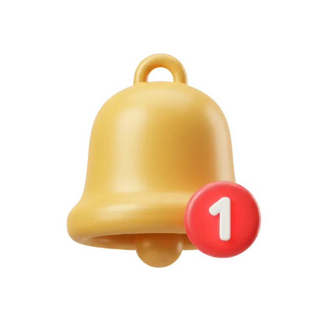 3D notification bell icon with a red alert badge