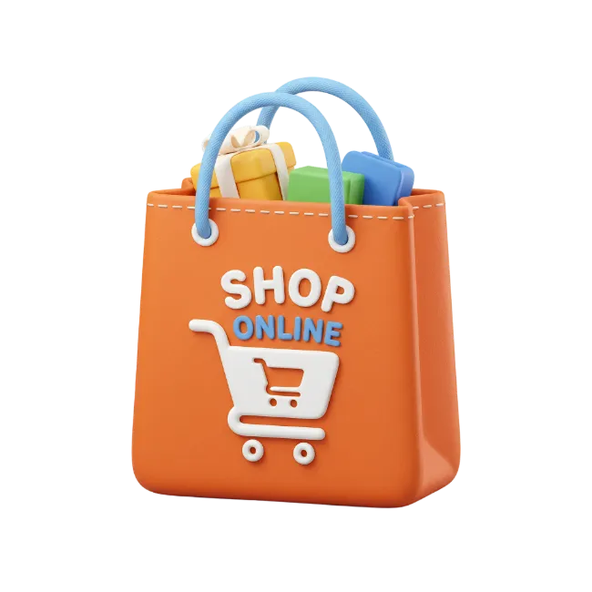 3D Orange Shopping Bag with Cart and Gifts