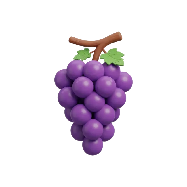 3D Purple Grape Bunch with Leaves