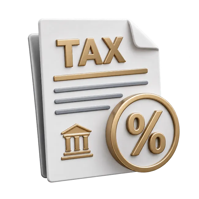 3D Tax Document with Percentage Coin and Bank Icon