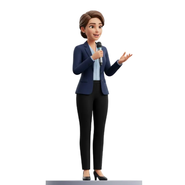 3D Woman Speaker Presenting with Microphone