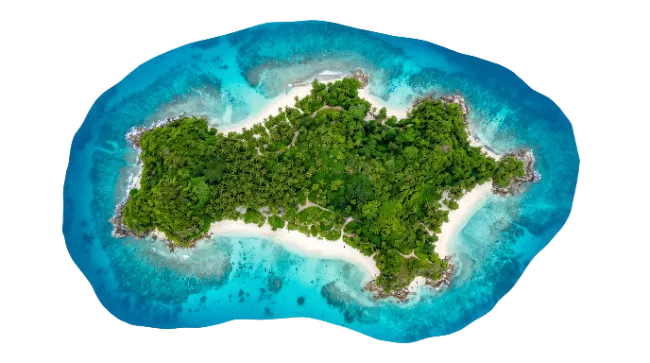 Aerial view of a tropical island with turquoise water