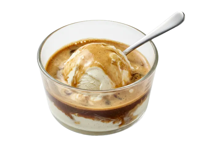 Affogato ice cream with espresso in glass bowl