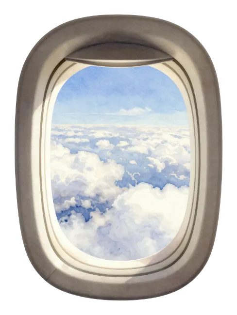 Airplane Window View with Blue Sky and Clouds