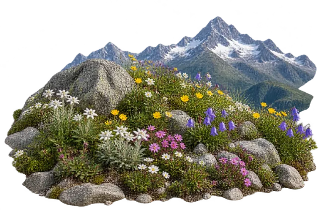 Alpine Wildflowers and Rocks with Snowy Mountain Peak