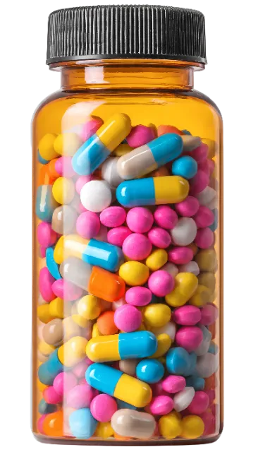 Amber Medicine Bottle Filled With Colorful Pills