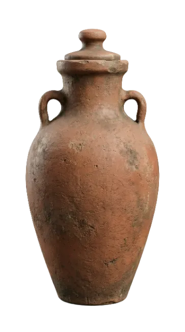 Ancient clay amphora with handles and lid