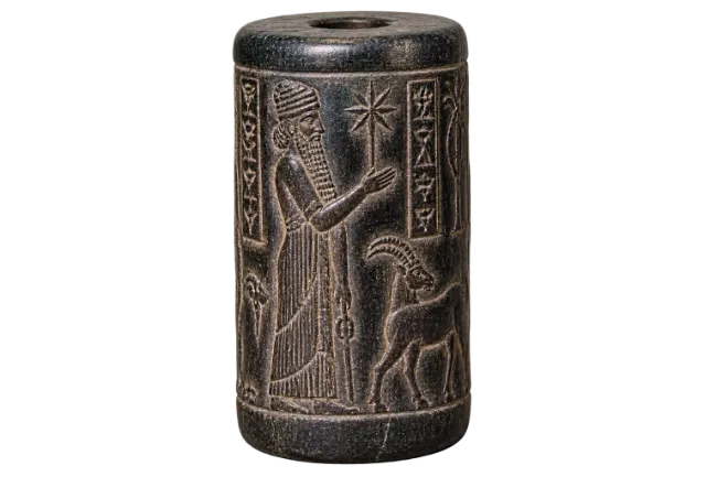Ancient Mesopotamian Stone Cylinder Seal with Carved Figures