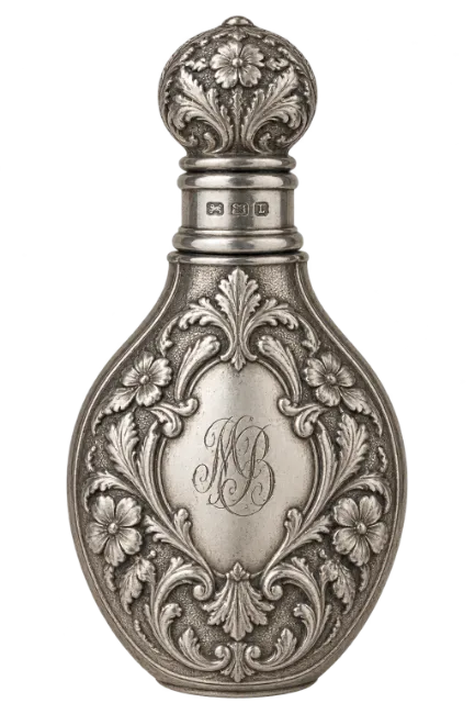 Antique Silver Perfume Bottle with Floral Engravings