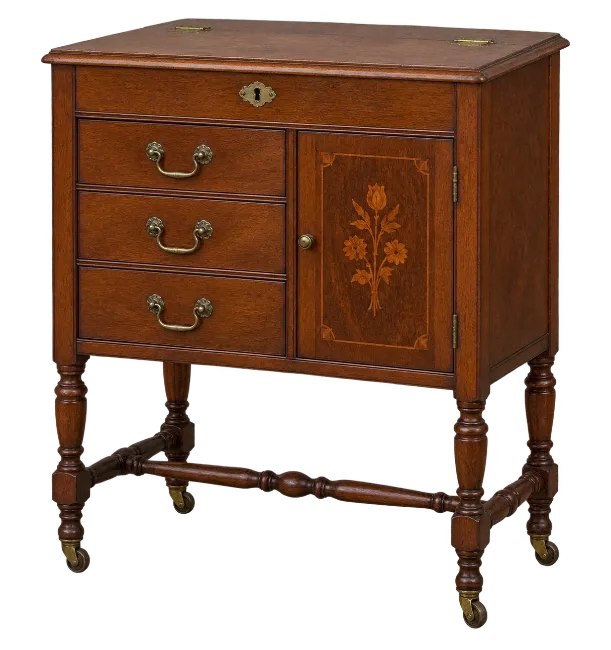 Antique Wooden Cabinet with Drawers and Floral Inlay