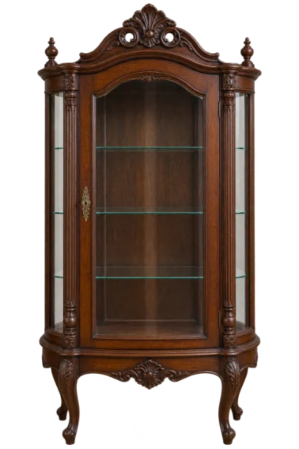 Antique Wooden Display Cabinet with Glass Shelves