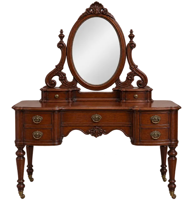 Antique Wooden Vanity with Oval Mirror