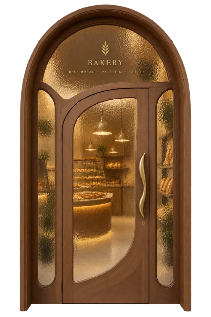 Arched Wooden Bakery Storefront Door