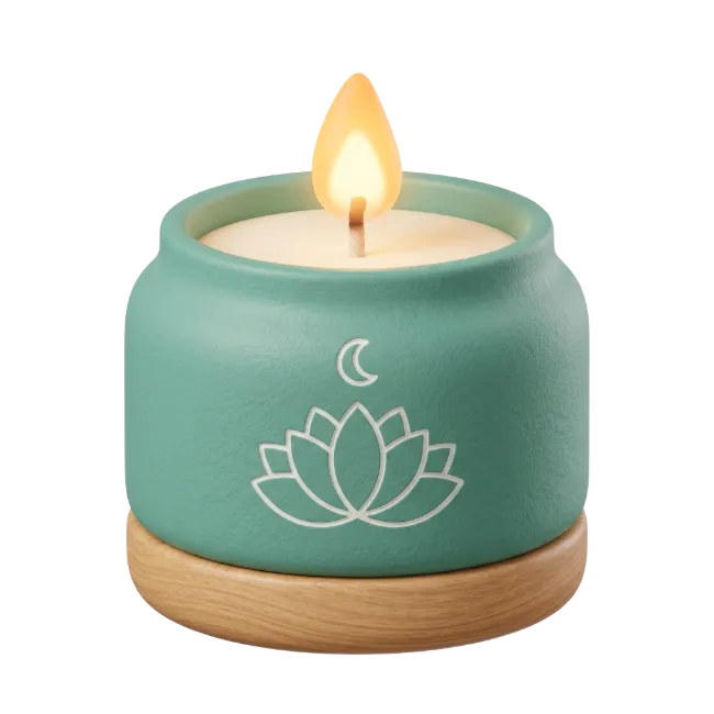 Aromatherapy scented candle in a teal jar with lotus design
