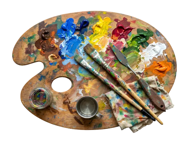 Artist wooden paint palette with brushes and oil colors