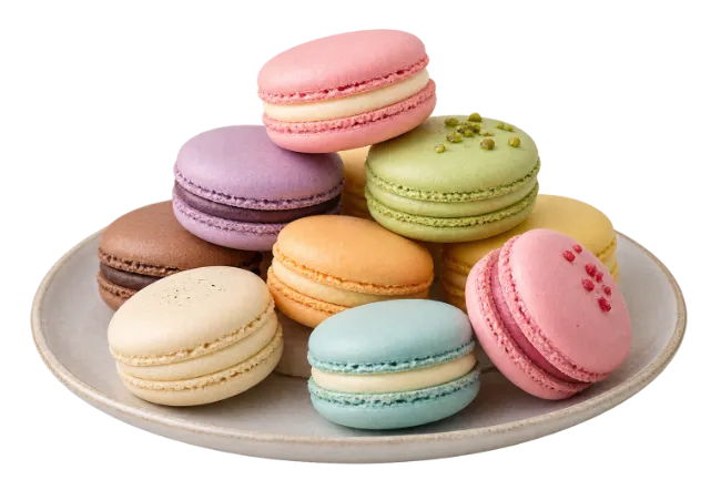 Assorted Colorful French Macarons on Ceramic Plate
