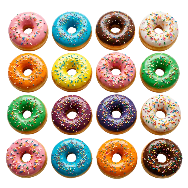 Assorted colorful glazed donuts with sprinkles