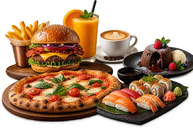 Assorted Fast Food Feast with Pizza Burger Sushi and Dessert