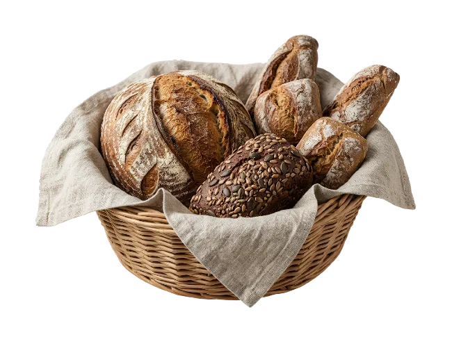 Assorted fresh bread in a wicker basket