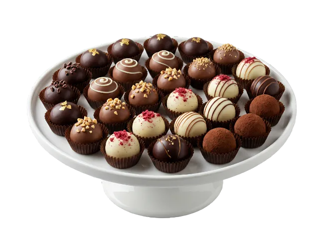 Assorted Gourmet Chocolate Truffles on a White Stand