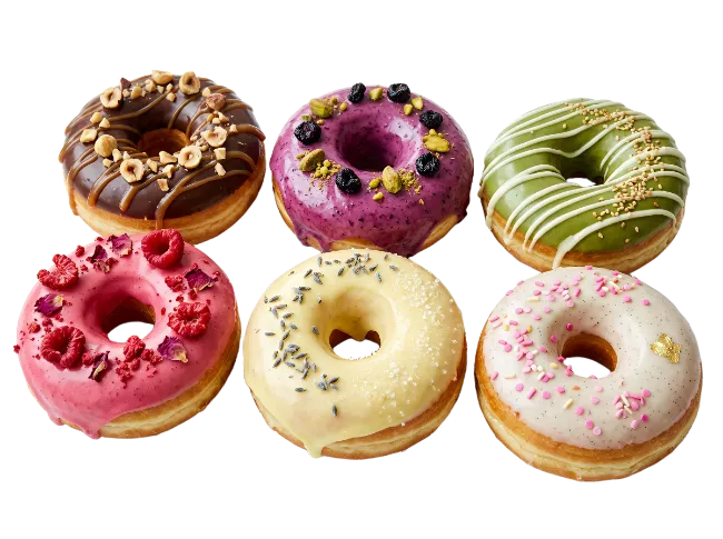 Assorted gourmet glazed donuts collection