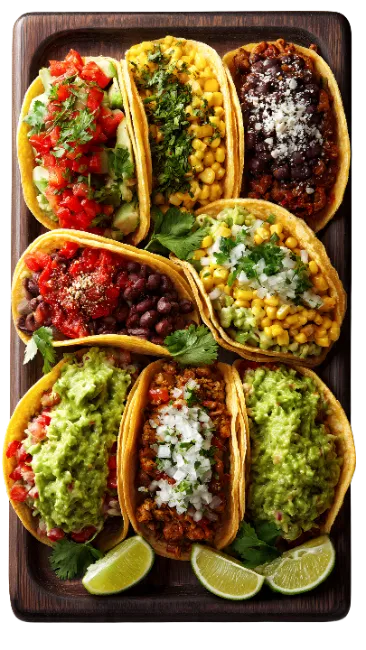 Assorted Gourmet Tacos on Wooden Tray