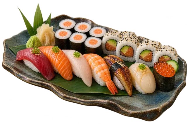 Assorted Japanese Sushi Platter with Nigiri and Maki Rolls
