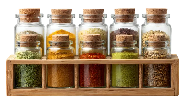 Assorted Spices in Glass Jars with Wooden Holder