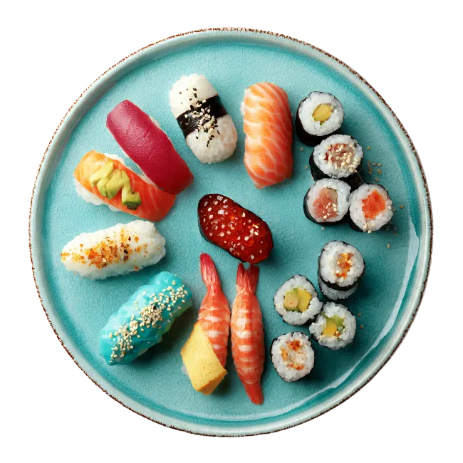 Assorted Sushi Platter on Blue Ceramic Plate