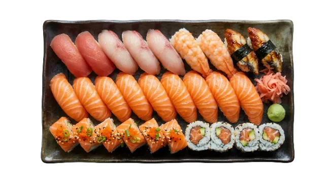 Assorted Sushi Platter on Rectangular Plate