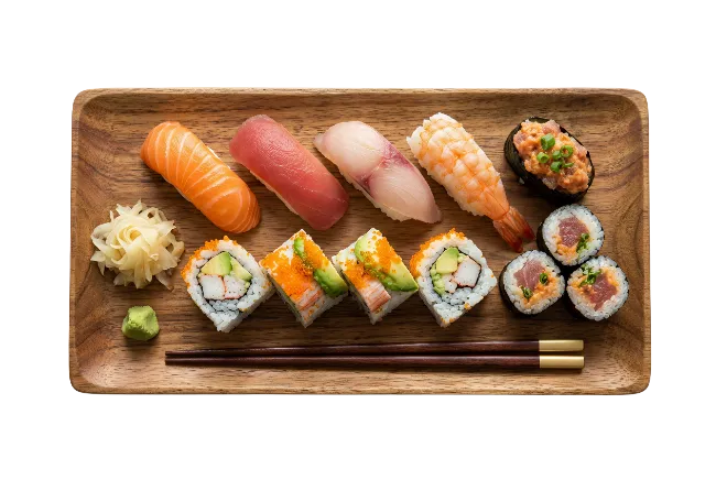 Assorted Sushi Platter on Wooden Tray