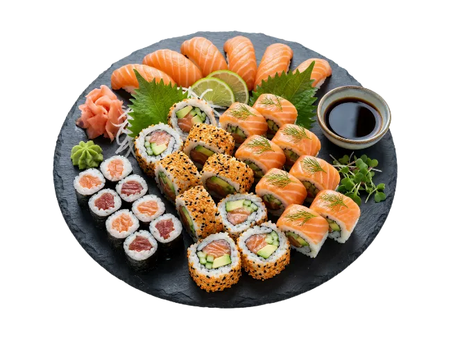 Assorted Sushi Platter with Salmon Nigiri and Maki Rolls