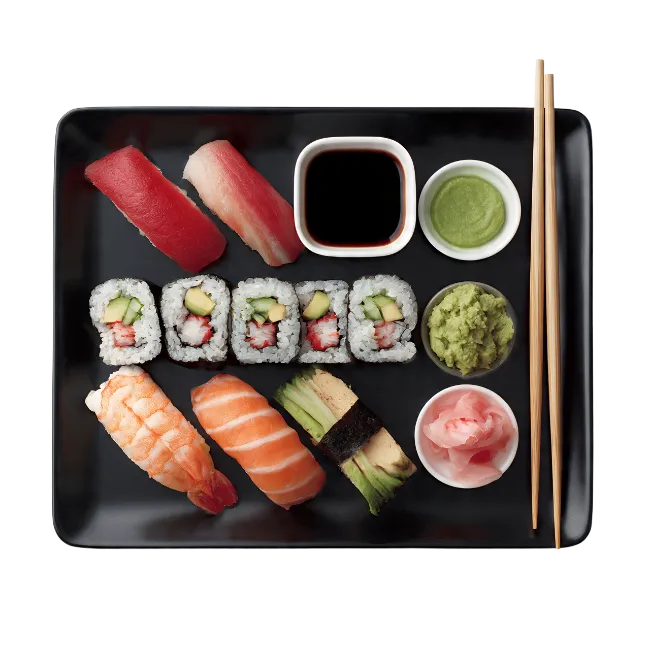 Assorted Sushi Platter with Soy Sauce and Chopsticks